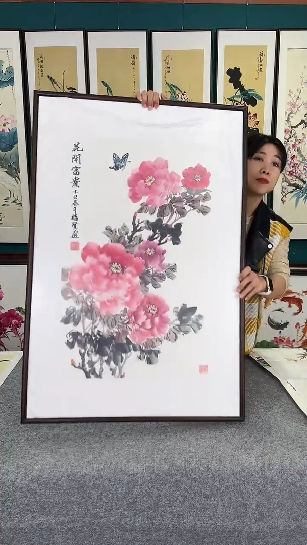 国画牡丹实木装裱60*90