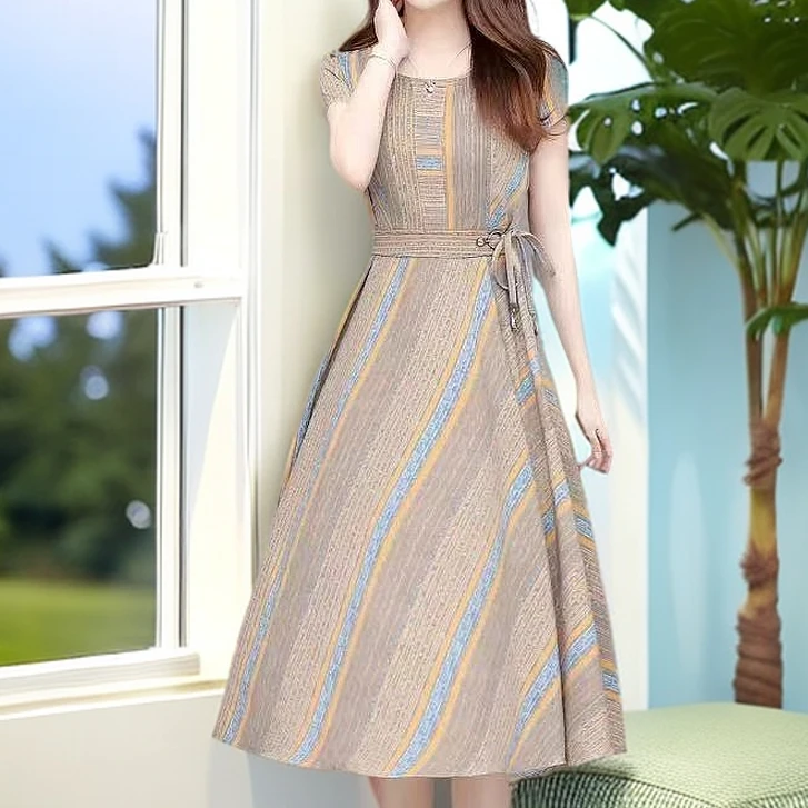 d02#【木兮兮专属】2025年夏新款气质时尚百搭条纹修身中长款连衣裙