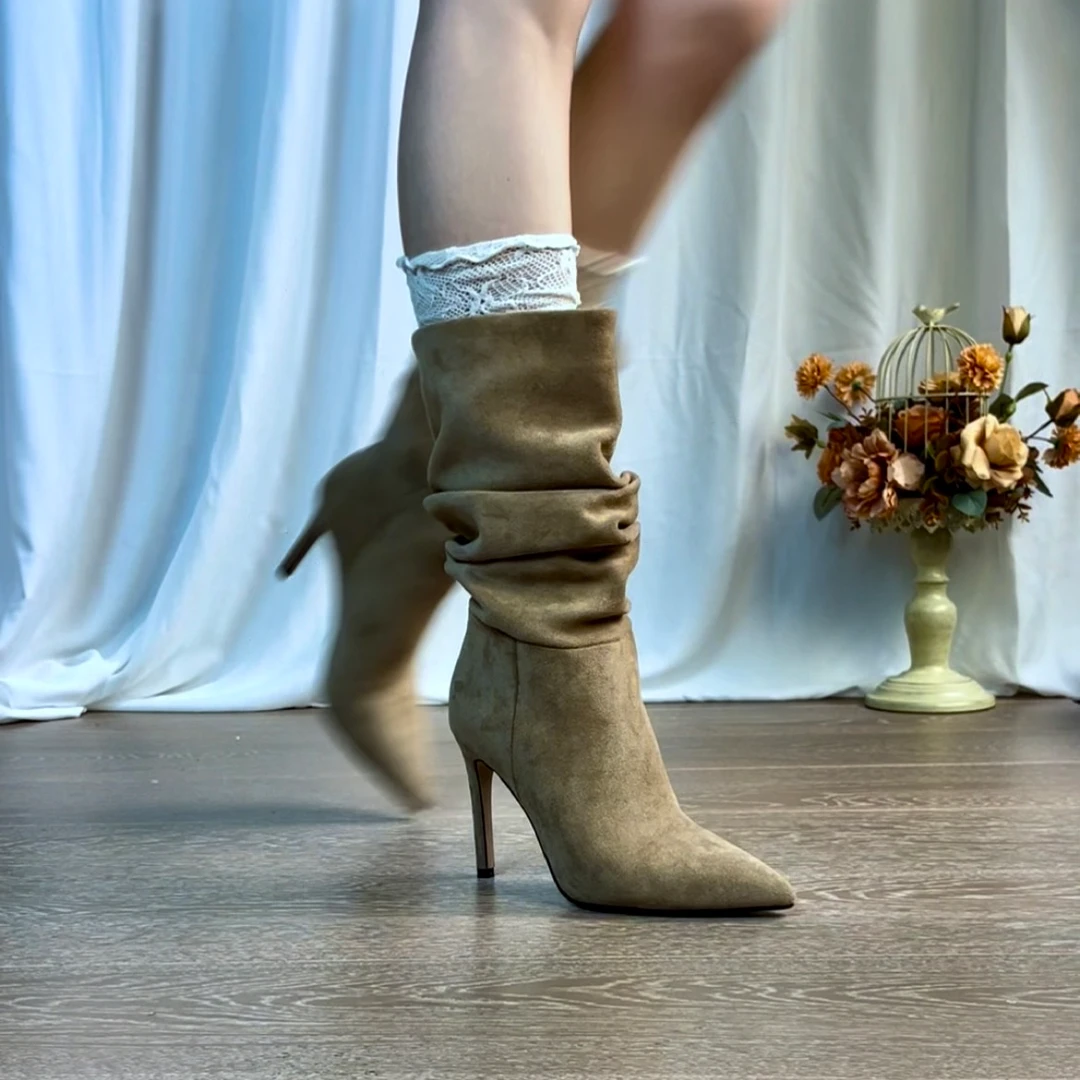 9.5CM织物高筒秋冬靴子时尚气质时装靴细跟女靴冬季百搭套筒长靴