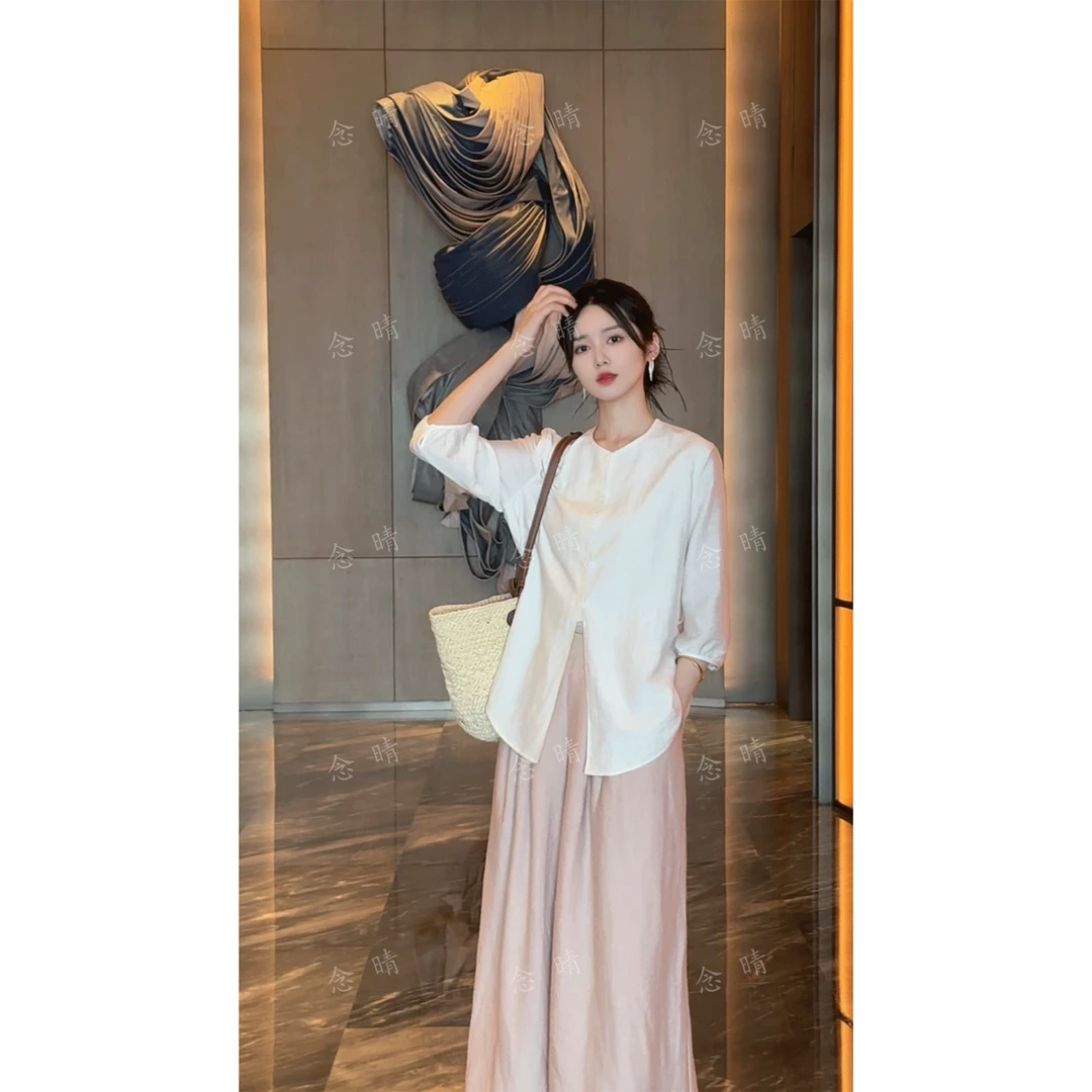 2025夏季新款高级感时尚气质白色圆领衬衫粉色宽松阔腿裤二件套