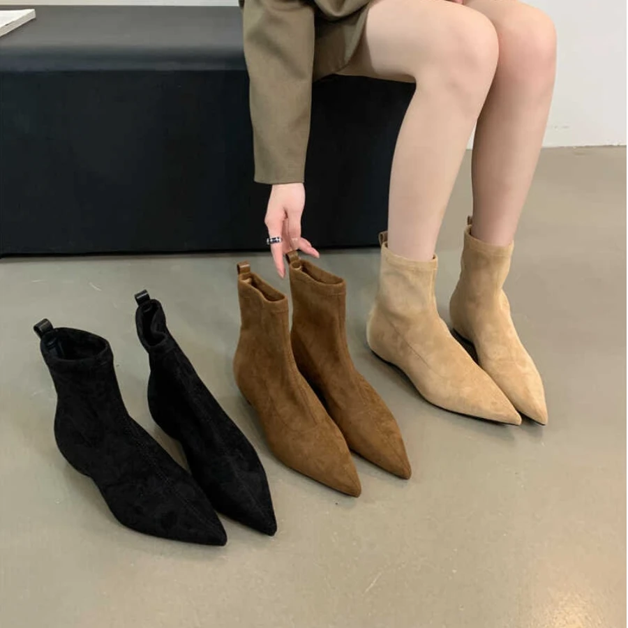 秋冬简约磨砂绒面平底袜靴平跟瘦瘦靴气质尖头短靴女美拉德靴子