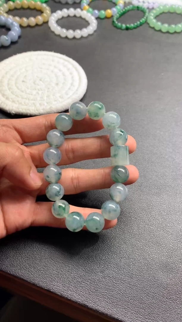 未镶嵌手链翡翠天然缅甸翡翠A货糯冰飘花手串卡12.8mm