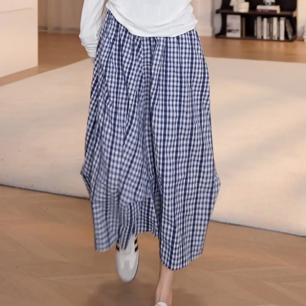 【山间经纬】显瘦气质松紧腰蕾丝不规则格子半身裙中长裙长裙裙子