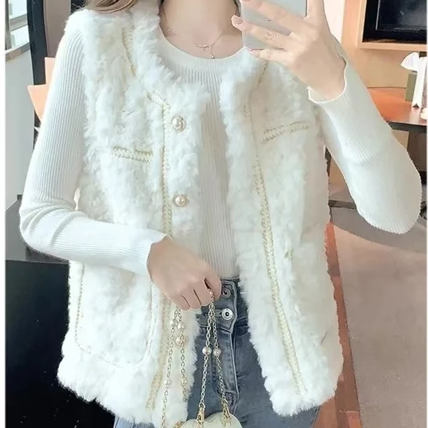 清 小香风珍珠马甲女秋冬款毛绒外套网红刷花加棉马夹外穿坎肩