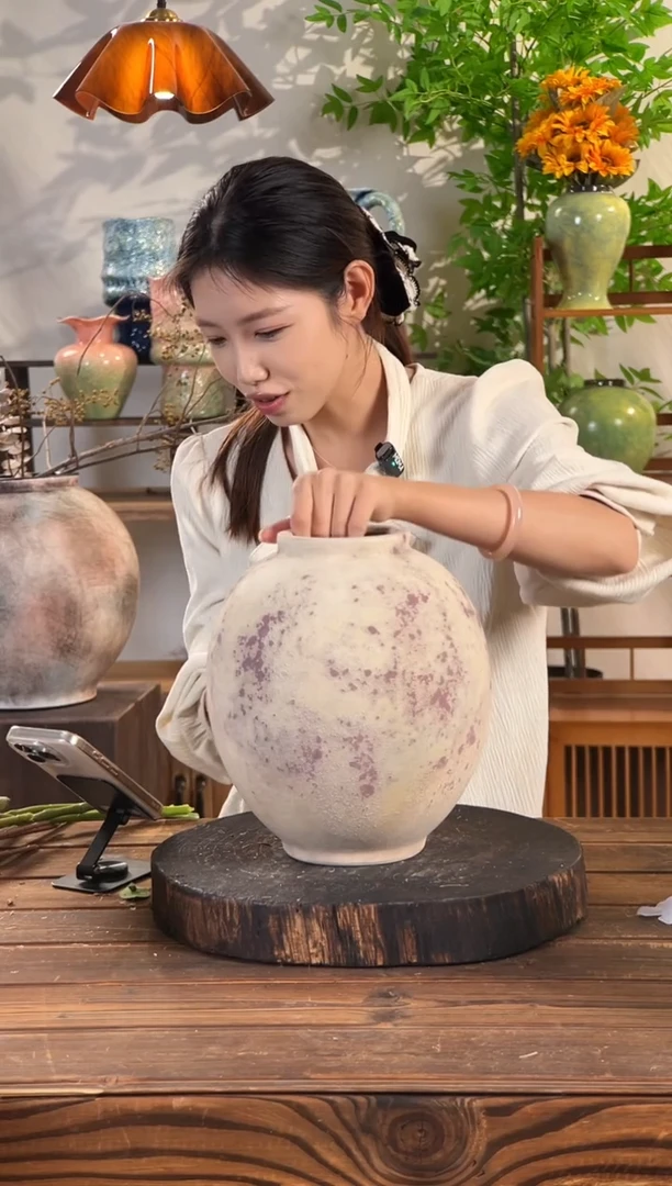 【斑点红月亮罐】侘寂风斑驳陶罐水培陶瓷花瓶【口10直径24高24.5cm】