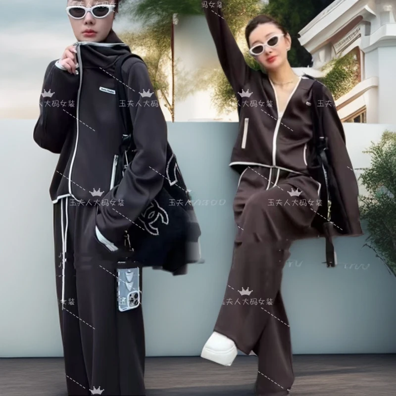 时尚运动套装女秋季2025新款休闲撞色长袖卫衣外套高腰直筒阔腿裤