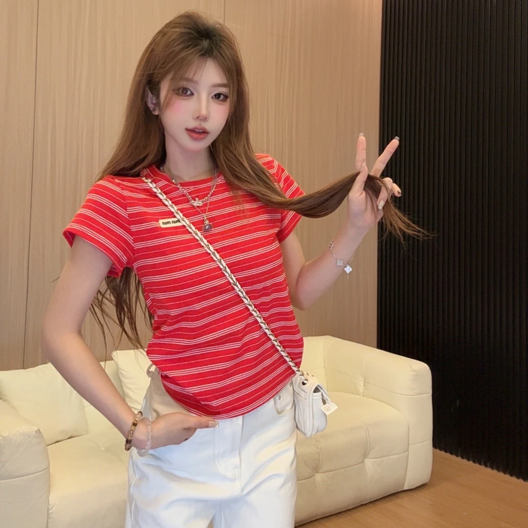 李馨儿【莫奈玫瑰 】气质长袖学生短袖时尚修身拼接法式打底百搭T恤
