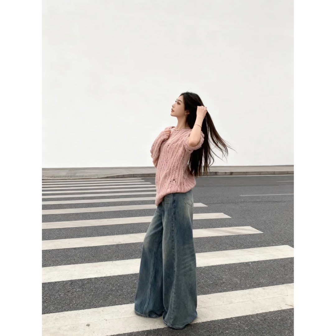 美爆了！墙裂推荐！温柔风西柚粉针织衫女慵懒小众软糯镂空时髦上衣