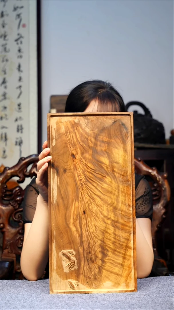 金丝楠【62】小叶金丝楠黄料精品花纹雕刻茶盘 44*21