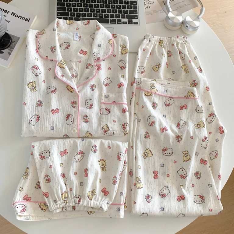 可爱甜美KT猫大码睡衣女夏季短袖云朵棉学生家居服可外穿薄款套装