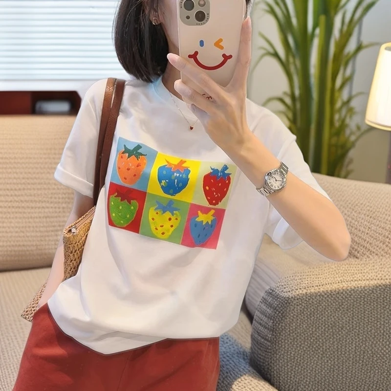 新款夏季女宽松草莓印花短袖T恤大码显瘦百搭减龄休闲上衣