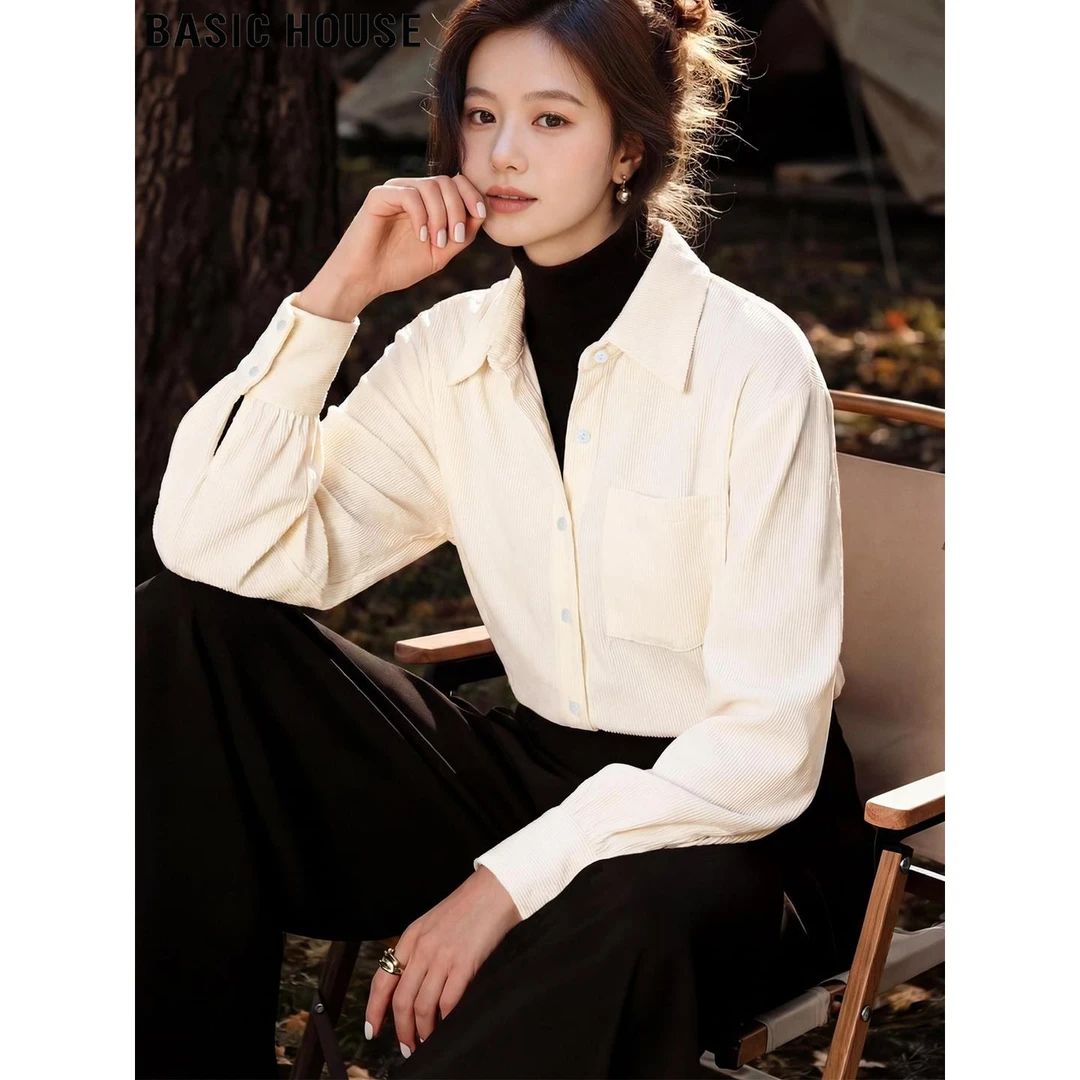 Basic House/百家好米白色灯芯绒翻领长袖衬衫女2026春季叠穿衬衣
