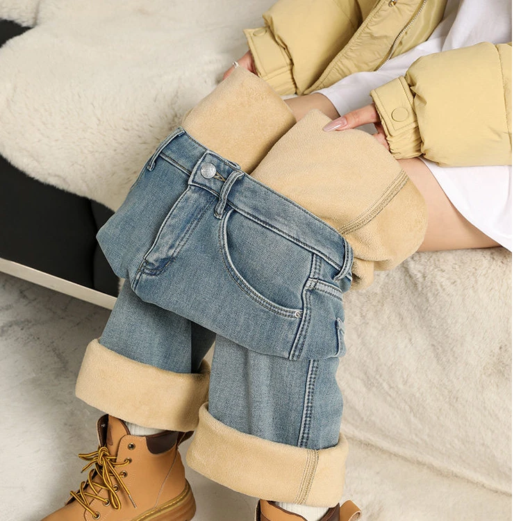 浅色加绒牛仔裤女冬季加厚2025新款高腰垂感小个子窄版直筒阔腿裤