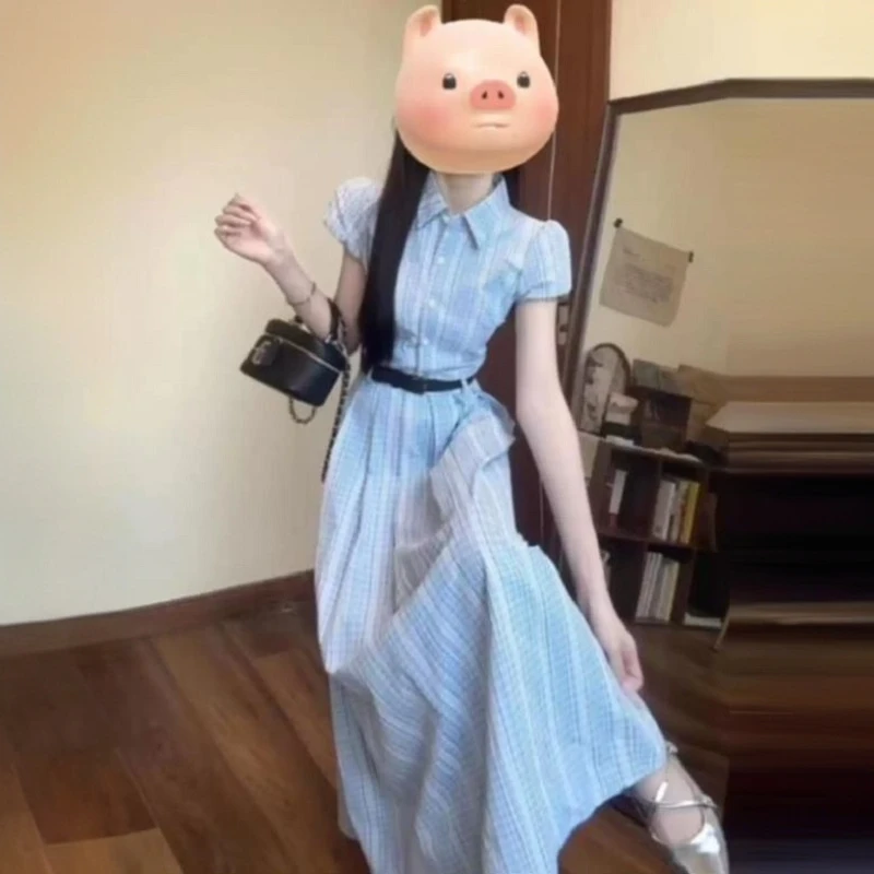 韩系氛围感穿搭条纹短袖衬衫连衣裙子女夏季新款收腰显瘦气质长裙