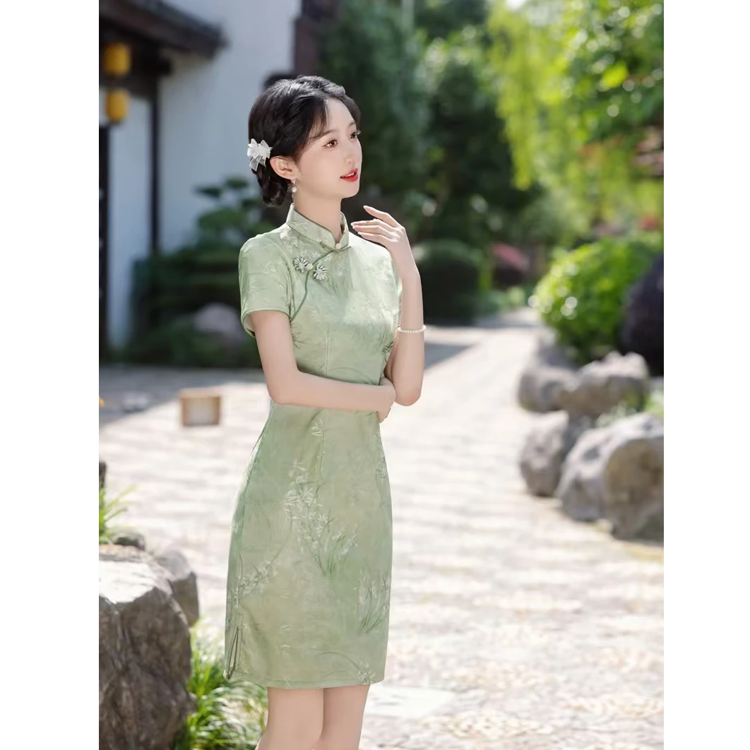 盘扣【诗遥-衣长90】小个子绿色送考旗袍短款少女夏季显瘦气质
