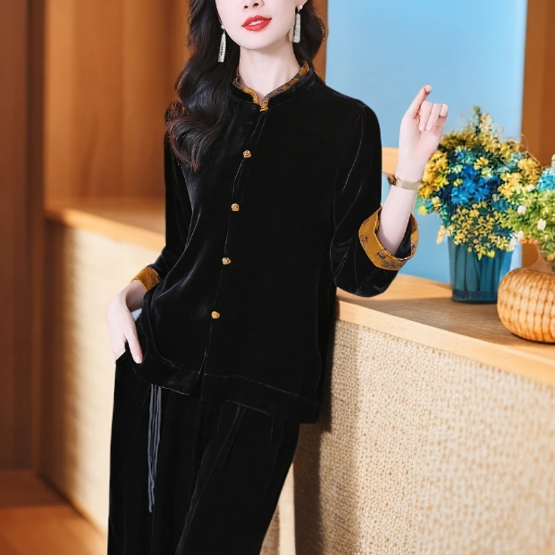 【13536】樱美嘉桑蚕丝新中式立领真丝丝绒衬衫拼接优雅复古上衣