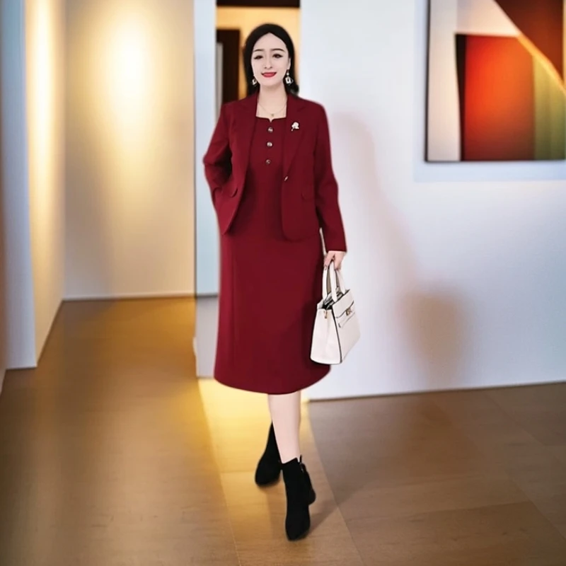 秋季新款定制大码女装时尚裙子套装两件套酒红色背心裙子ZB6178
