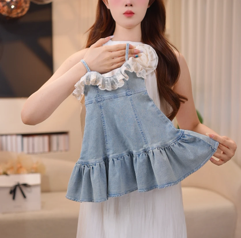 【2】夏季女童小众设计多片裁剪拼接蕾丝花边牛仔连衣裙