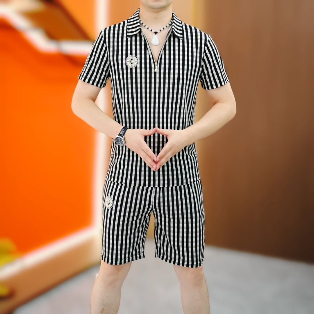 【阿凯严选】高品质夏季新款男士时尚翻领拉链修身条纹短裤短袖套装