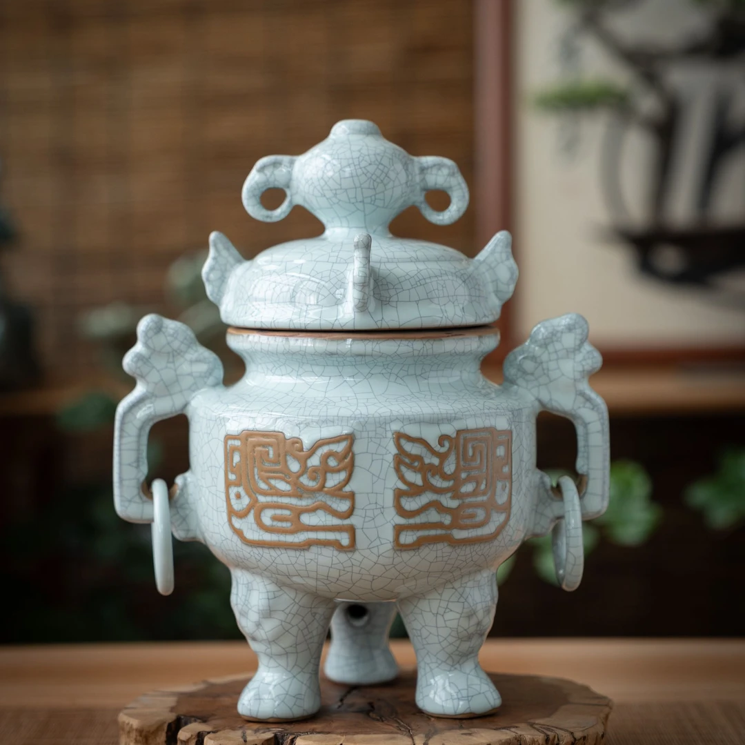 国非遗当代玉松汝瓷月白釉冰裂纹开片兆龙鼎高端汝窑摆件高32cm