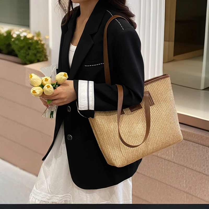 时尚便携式上课通勤托特包大容量草编包包2025新款夏天百搭单肩包