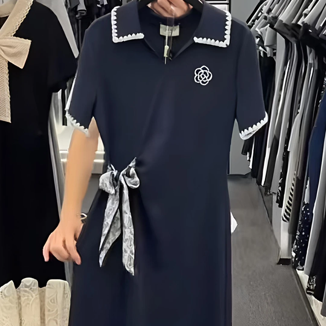 时尚夏季新款蝴蝶结翻领气质拼接撞收腰连衣裙中长款