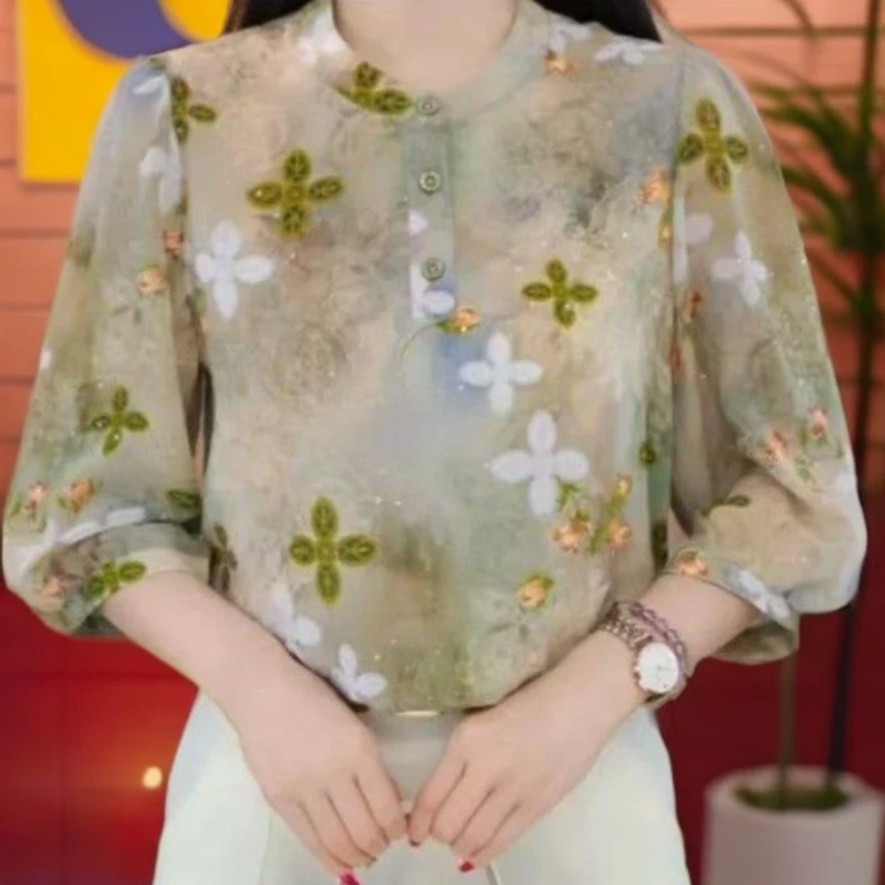 【洒银工艺】七分袖薄款冰丝衬衫2025夏季新款大码宽松显瘦防晒小衫