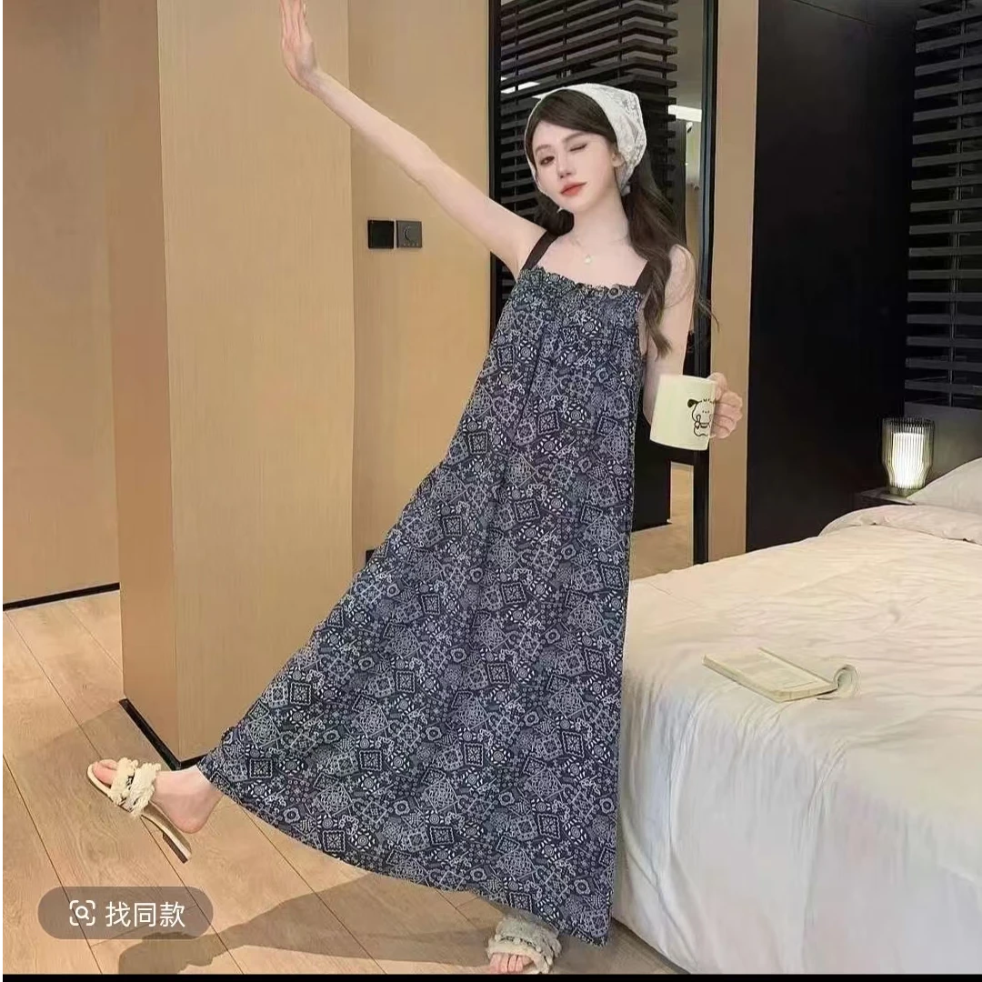 【经典几何】夏季长裙套头拼接连衣裙显瘦碎花复古性感法式网红