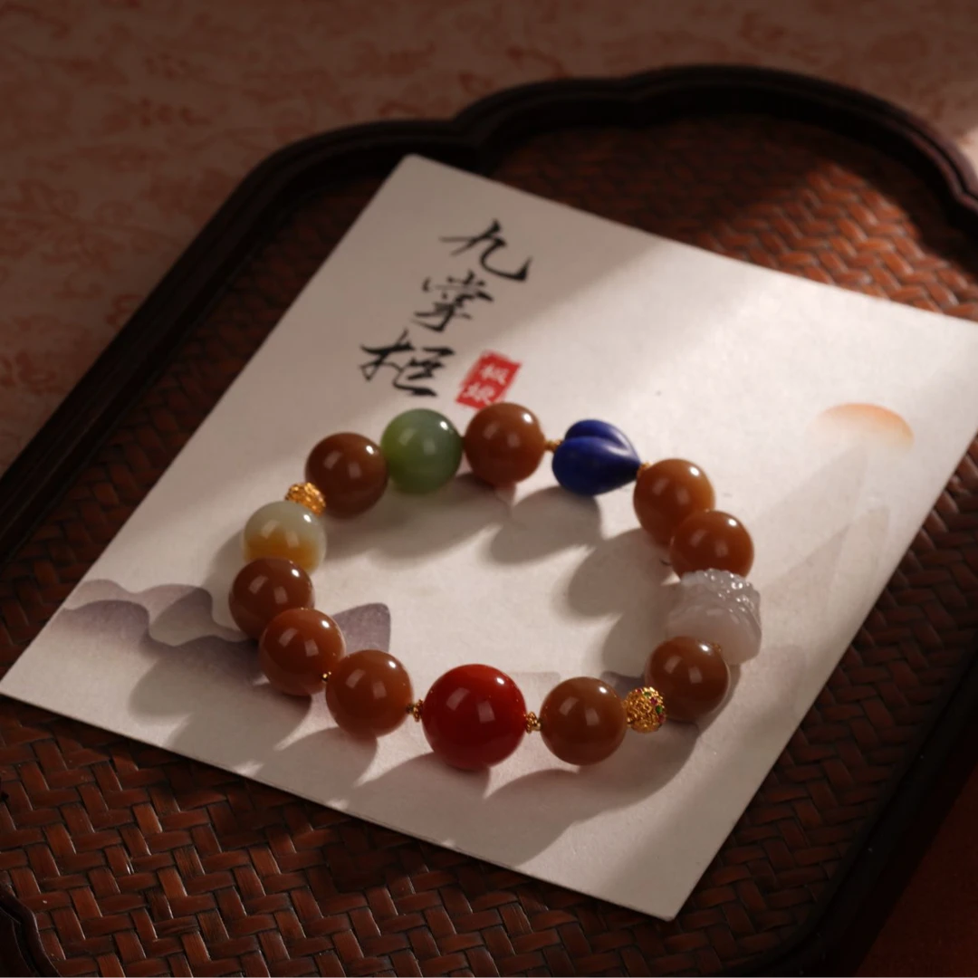 天然和田玉糖料多宝手串设计款18k金配饰多样性发其一12mm【JJ006】