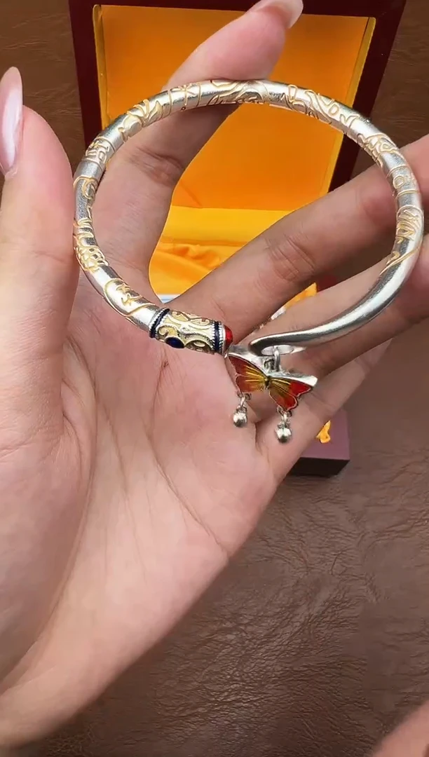 万家文玩阁珐琅彩蝴蝶银手镯链接@@SP341