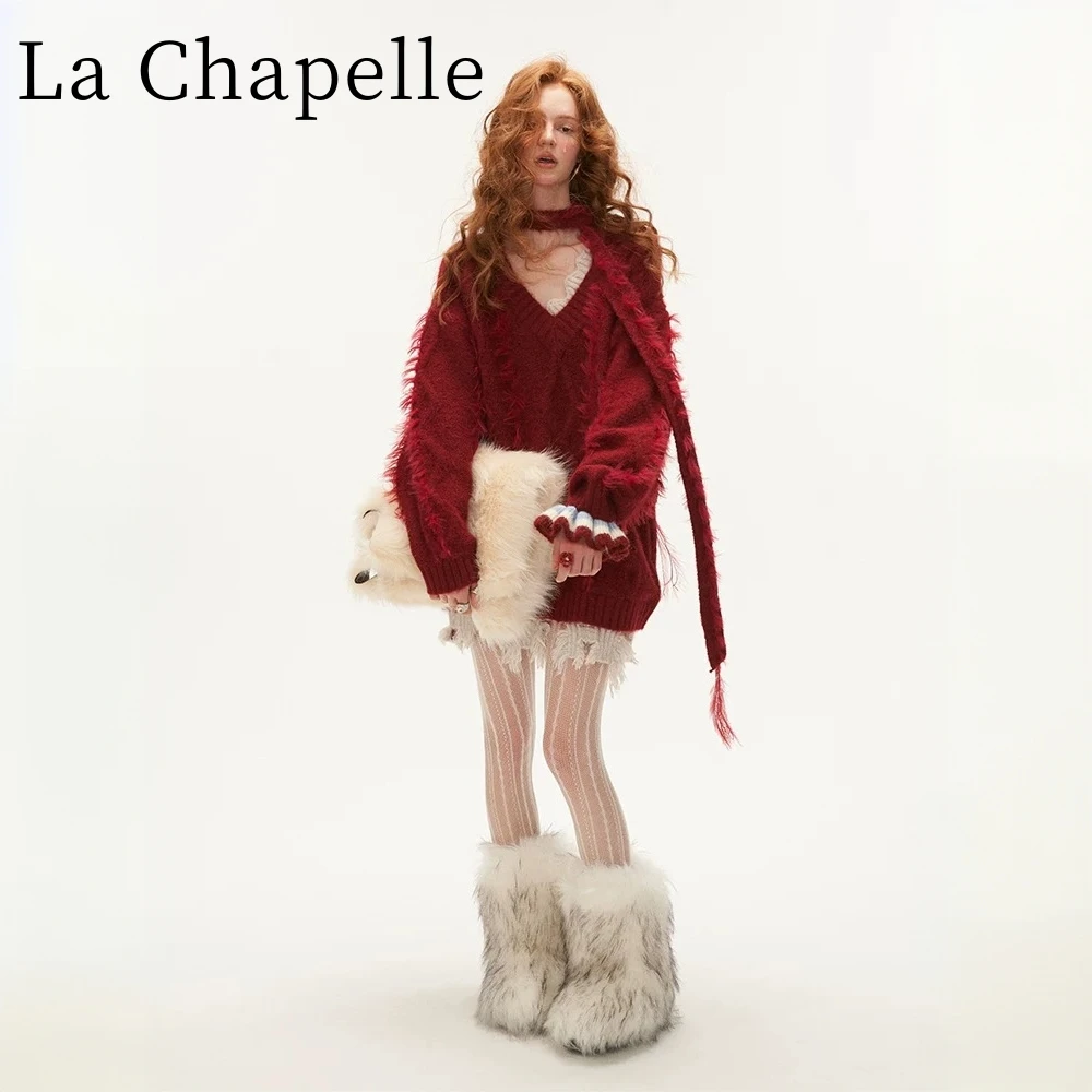 拉夏贝尔围脖绑带麻花毛衣针织上衣女2025春秋新款慵懒风宽松高级