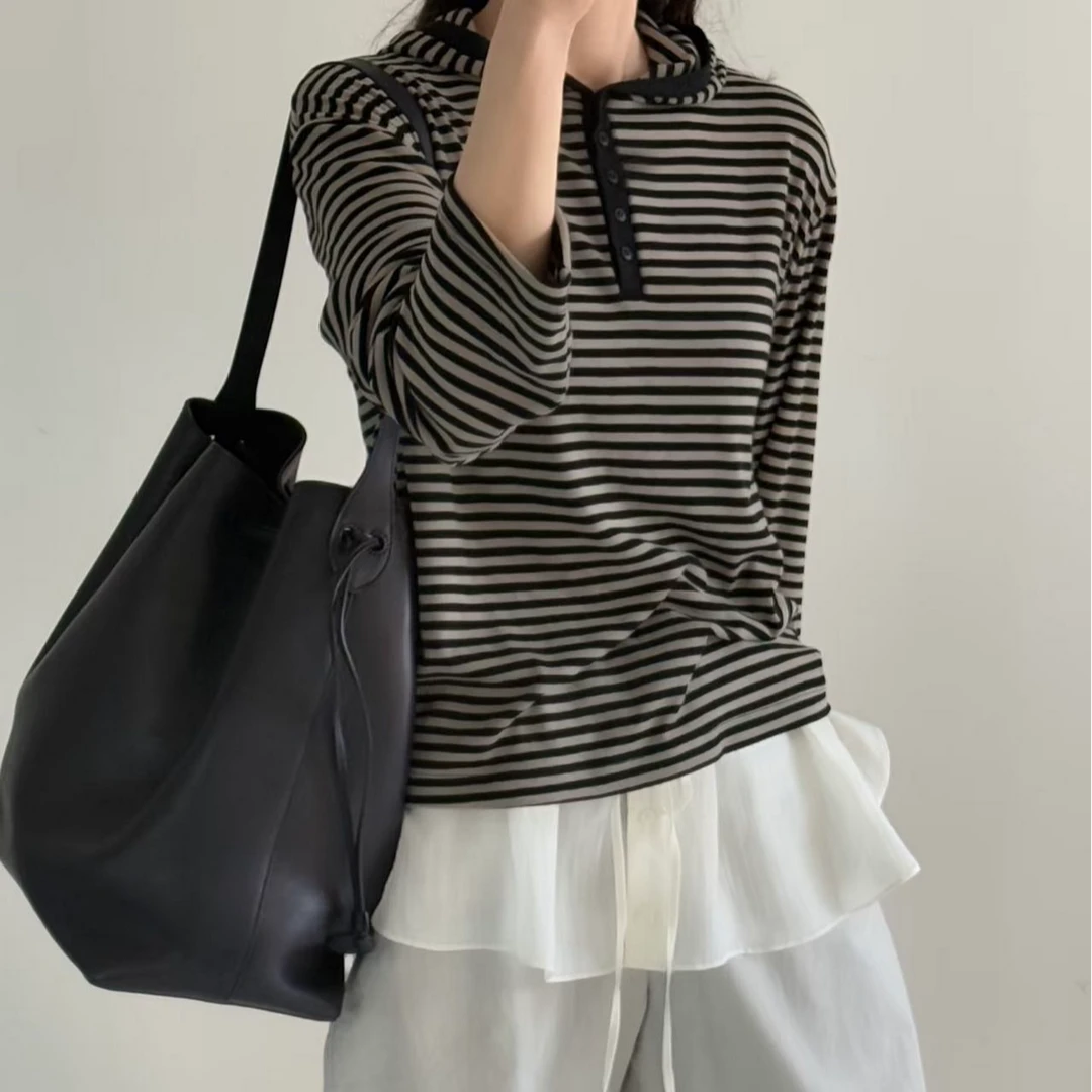 【春季新款】女士韩版条纹连帽系扣长袖T恤3055