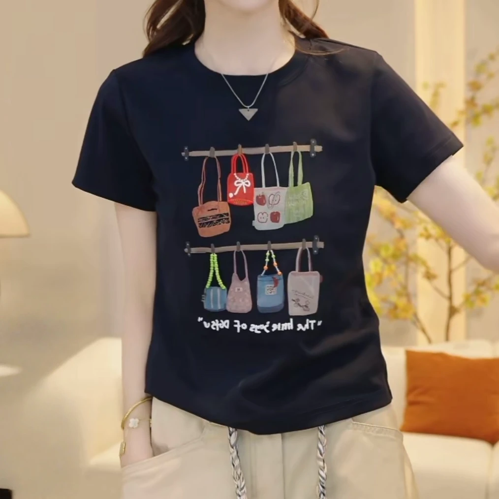 设计师字母时尚百搭短袖T恤女2025夏季新款韩版休闲圆领通勤上衣