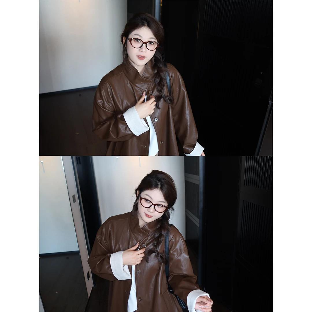 裂渡宣宣【都市拿铁】微胖大码女秋高级感宽松莱赛尔皮衣ZY508R05