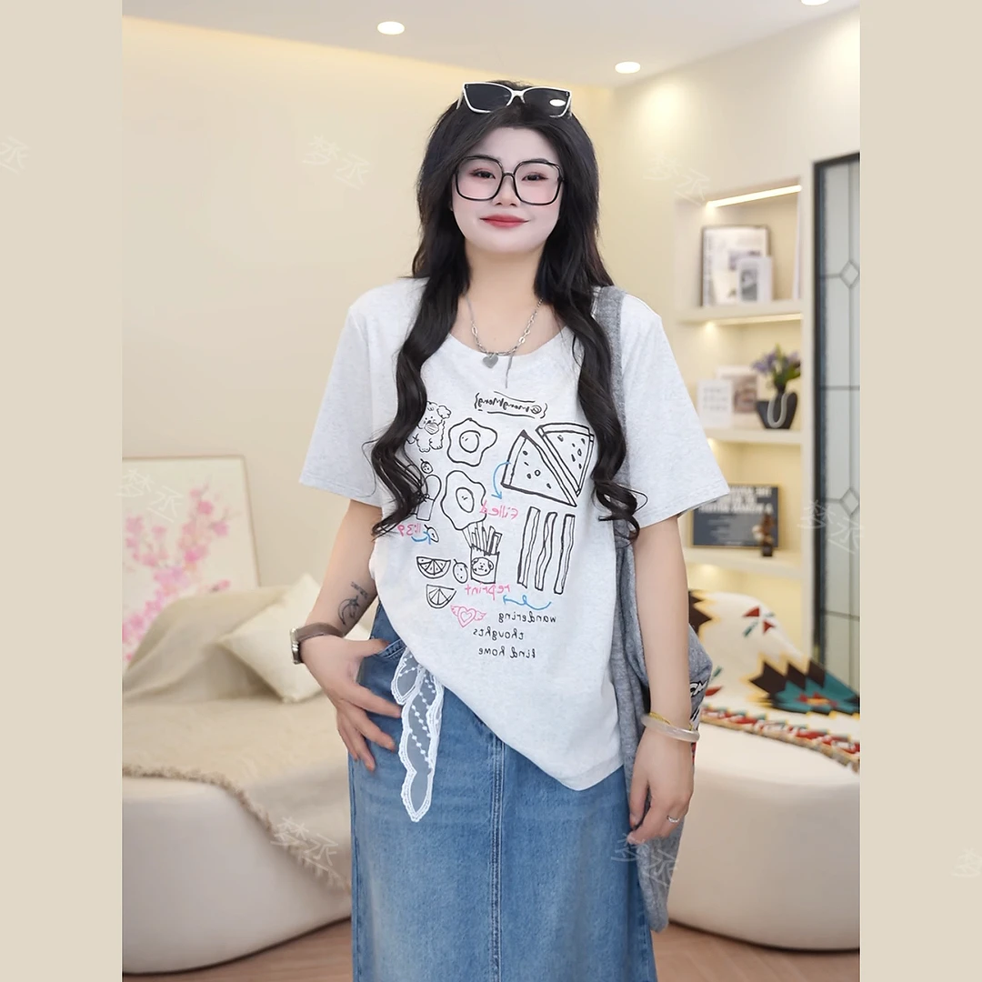 梦丞-遮肚加宽大码女装上衣圆领可爱百搭宽松印花正肩时尚短袖