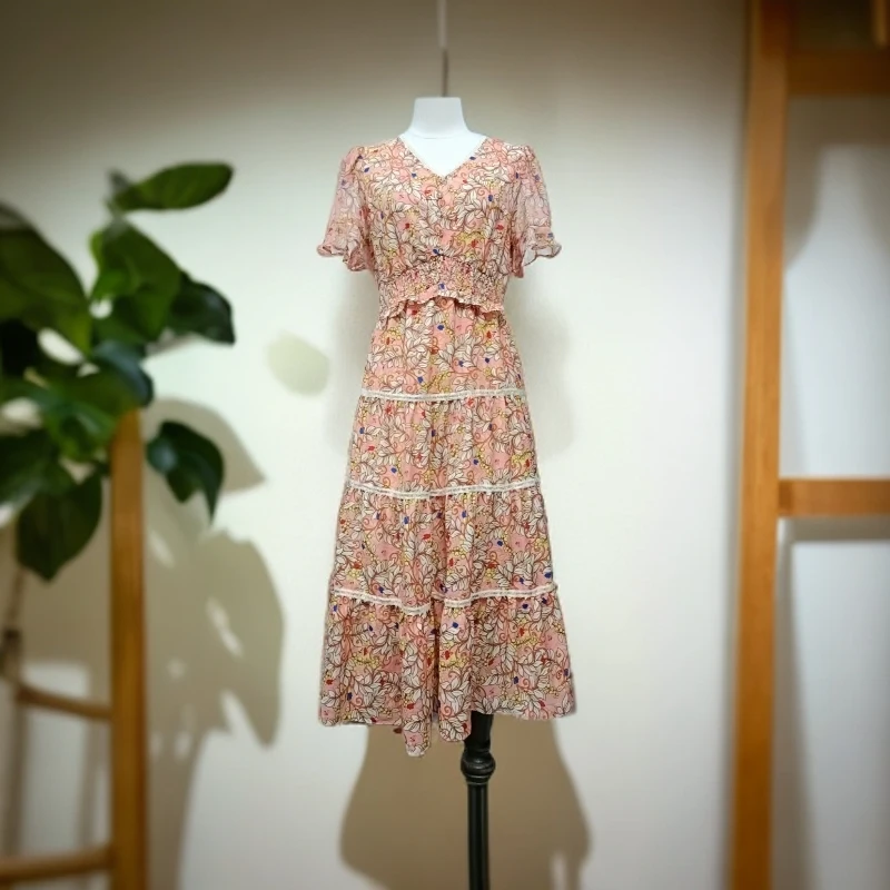 夏季V领松紧收腰碎花连衣裙C008
