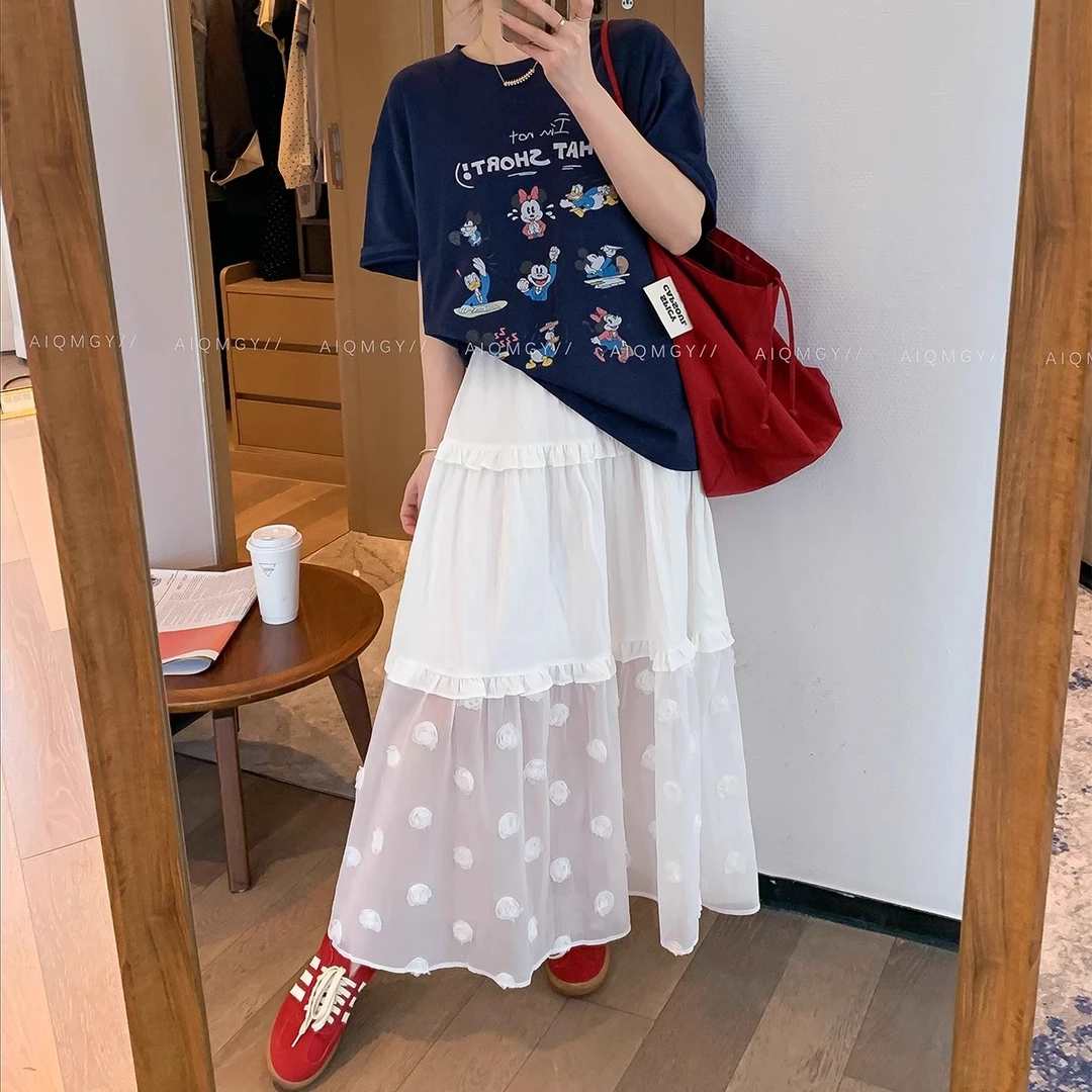 白色高腰拼接立体花朵半身裙女2025夏季新款中长裙显瘦A字蛋糕裙