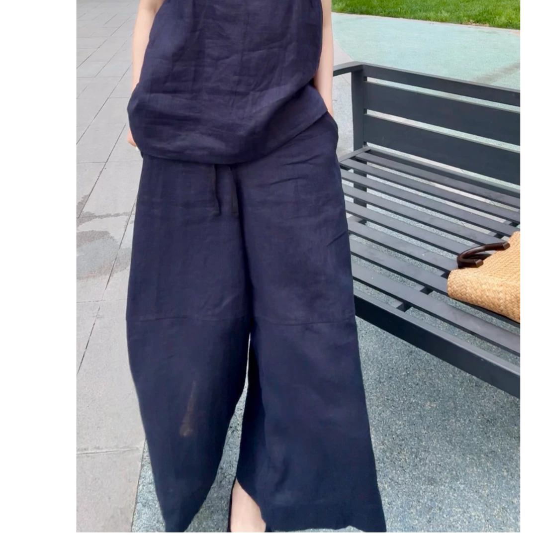 （亚麻100%裤子）好品质 大阔腿九分裤 百搭纯色休闲裤裤5st01