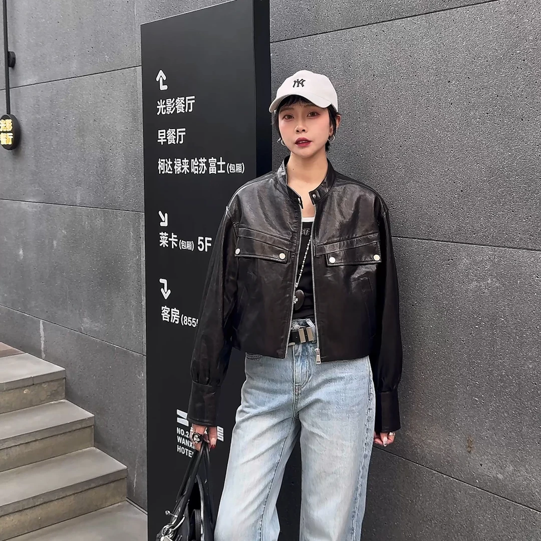 LYXZ 春季新款设计感小众胸前翻盖口袋短款时尚皮衣外套76521