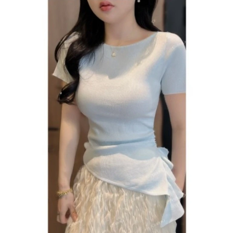 2025夏季新款不规则荷叶边别致收腰修身显瘦设计感短袖针织T恤女