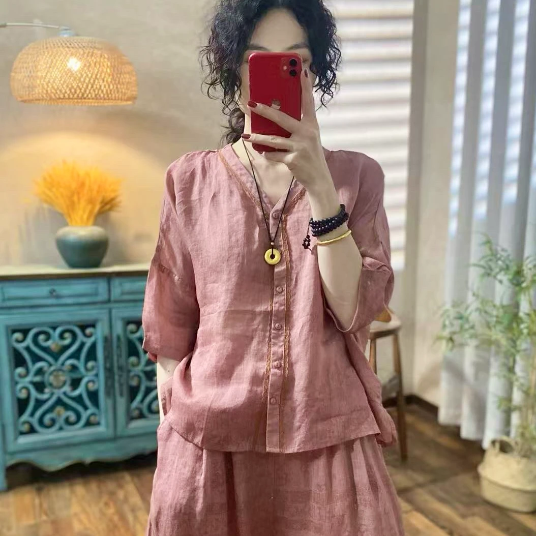 喜卓秋季新款9055高级印花蕾丝拼接款苎麻宽松文艺衬衫