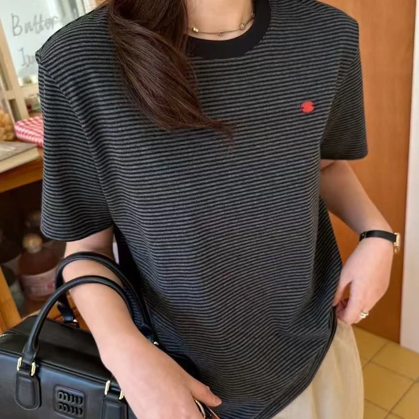 【晴子精选】韩版春夏新款时尚圆领显瘦半袖百搭条纹短袖T恤
