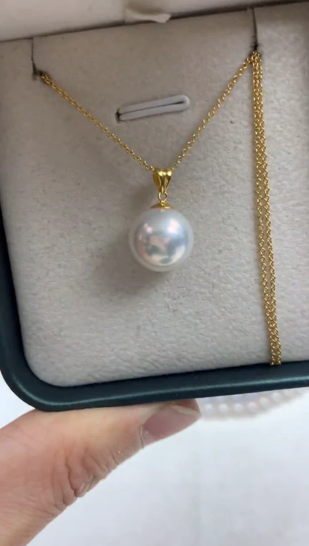 18K金镶嵌ff淡水珍珠白珠吊坠(赠链）11~12mm