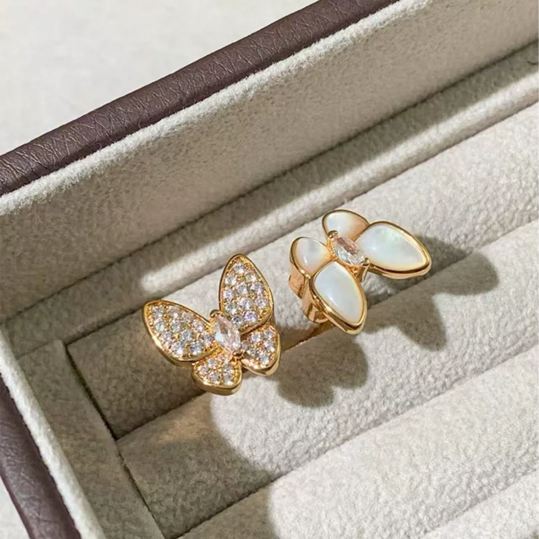 合金贝壳戒指 蝴蝶白贝满钻开口戒指6723