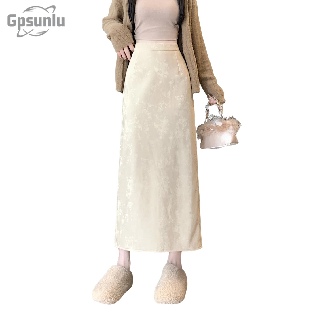 gpsunlu皮裙半身裙女春秋季高腰显瘦休闲百搭后开叉垂坠感包臀裙