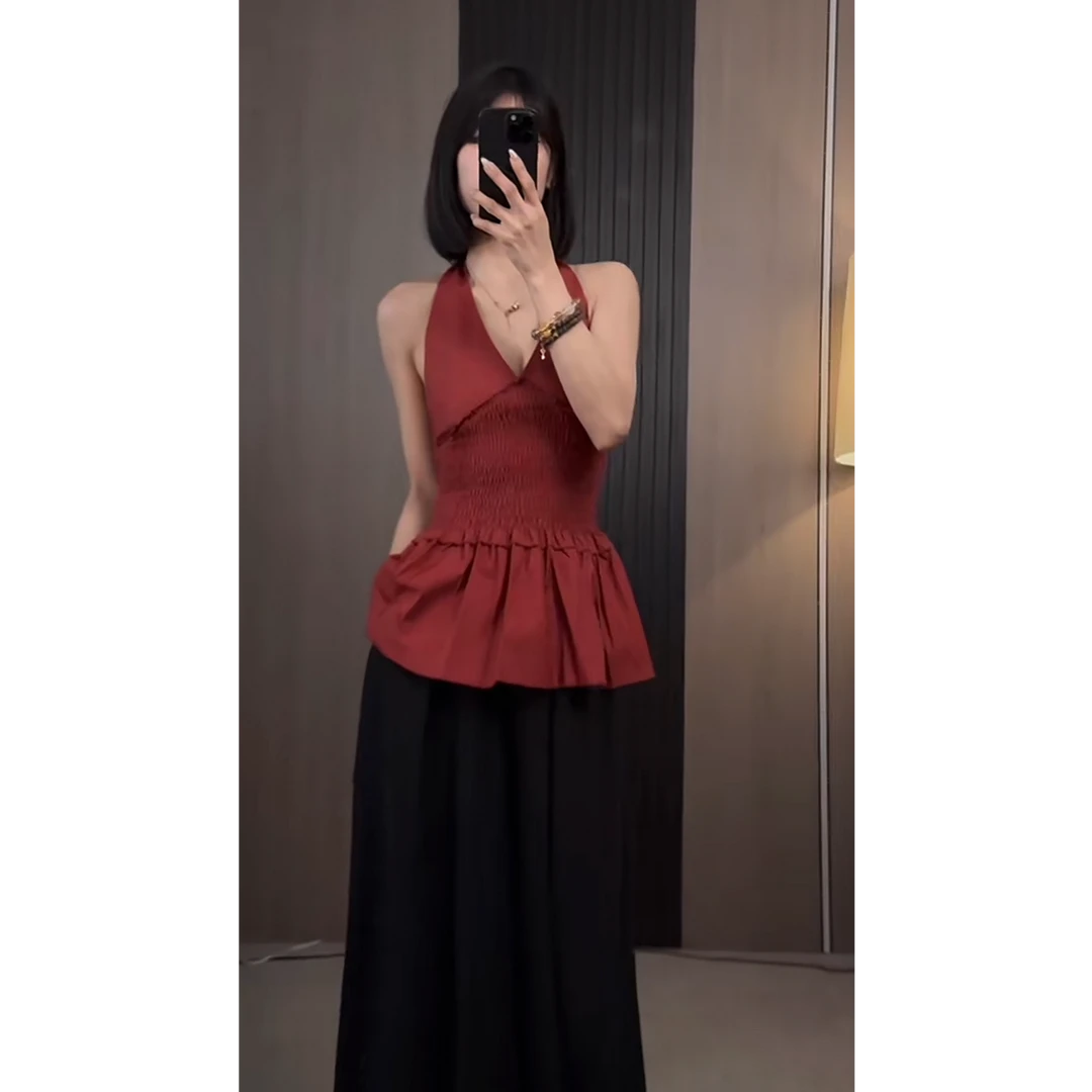 【ZZ严选】SY157法式复古红挂脖吊带背心女打揽收腰蓬蓬露背上衣夏