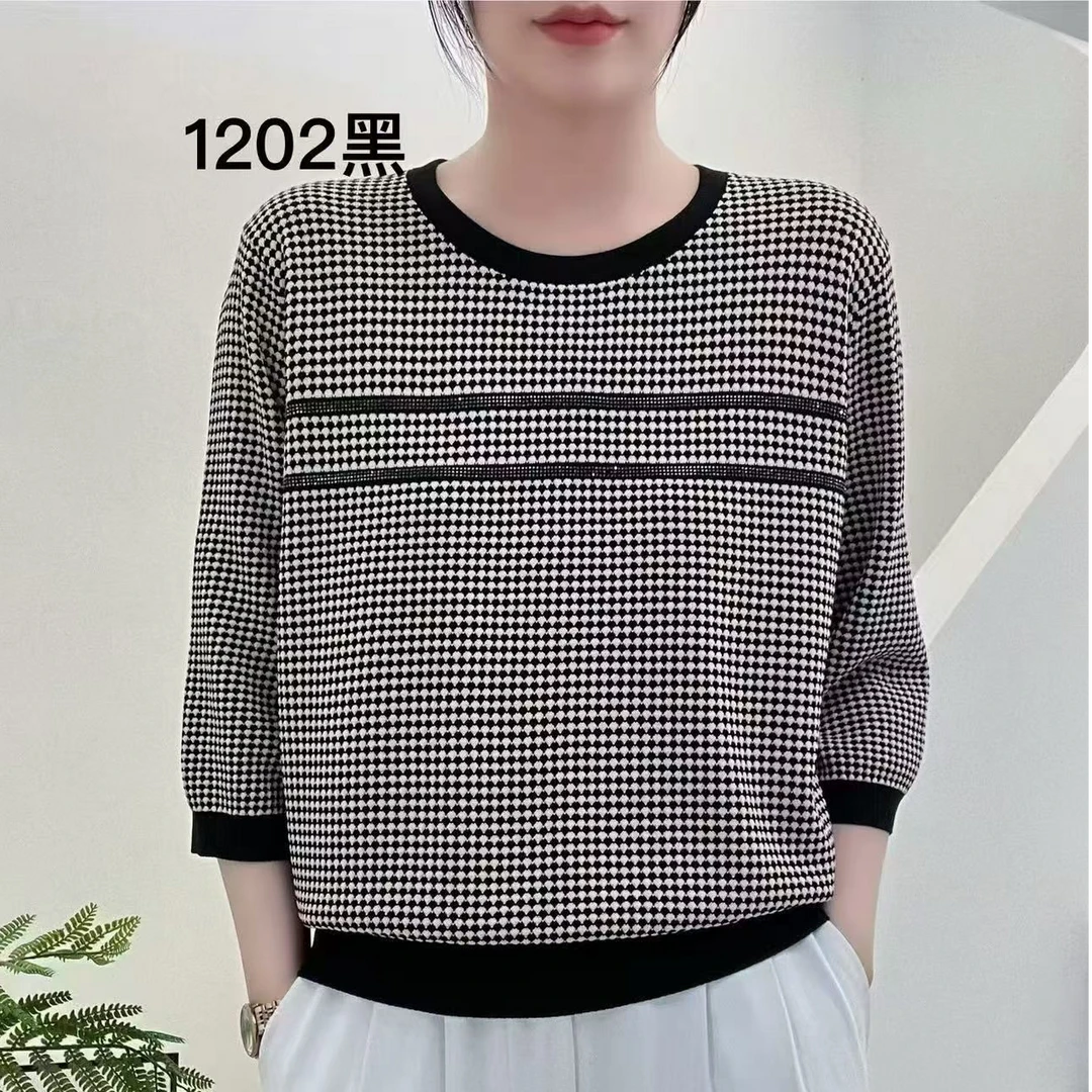 七分袖针织女千鸟格宽松毛针织衫女装套头潮流拼接