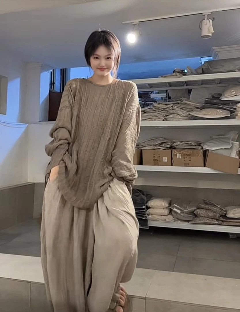 天丝亚麻针织长袖 显瘦秋季圆领针织上衣宽松