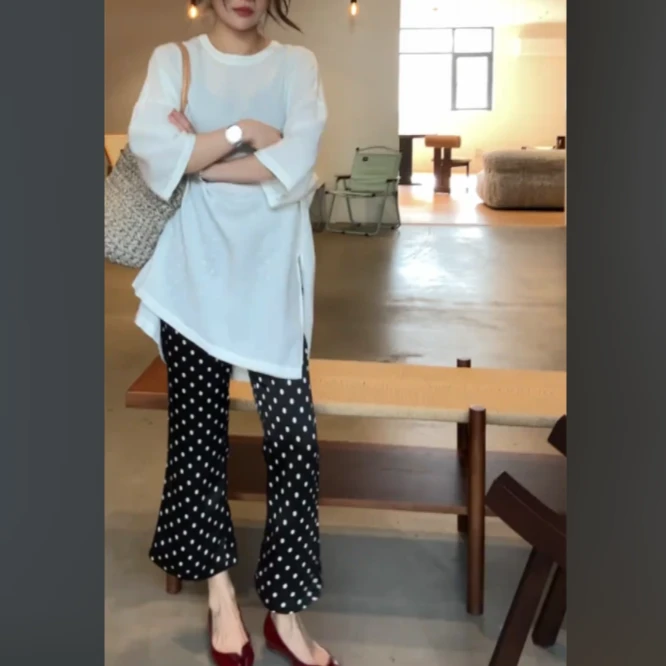 知性风女装宽松亚麻上衣波点裤子套装2025夏季新款T恤休闲两件套