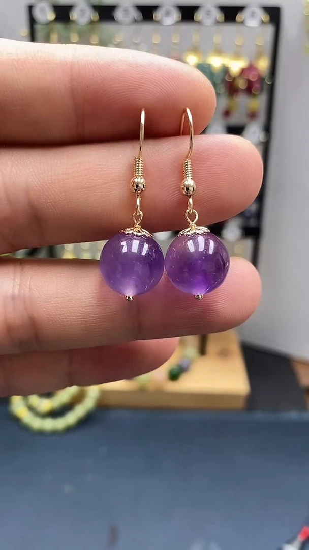 紫晶耳饰银S925镀金镶嵌尺寸12mmC4